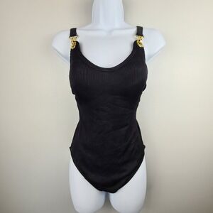 GabiFresh x Swimsuits For All Black Ribbed One Piece Swimsuit 10D/DD Gold Detail